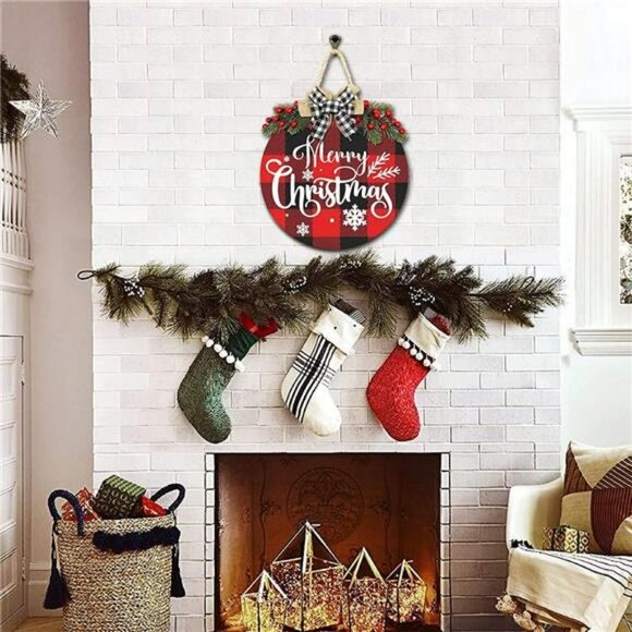 Decorations Wreath, Merry Christmas Buffalo Plaid Hanging Sign Rustic Wooden - Picture 4 of 7
